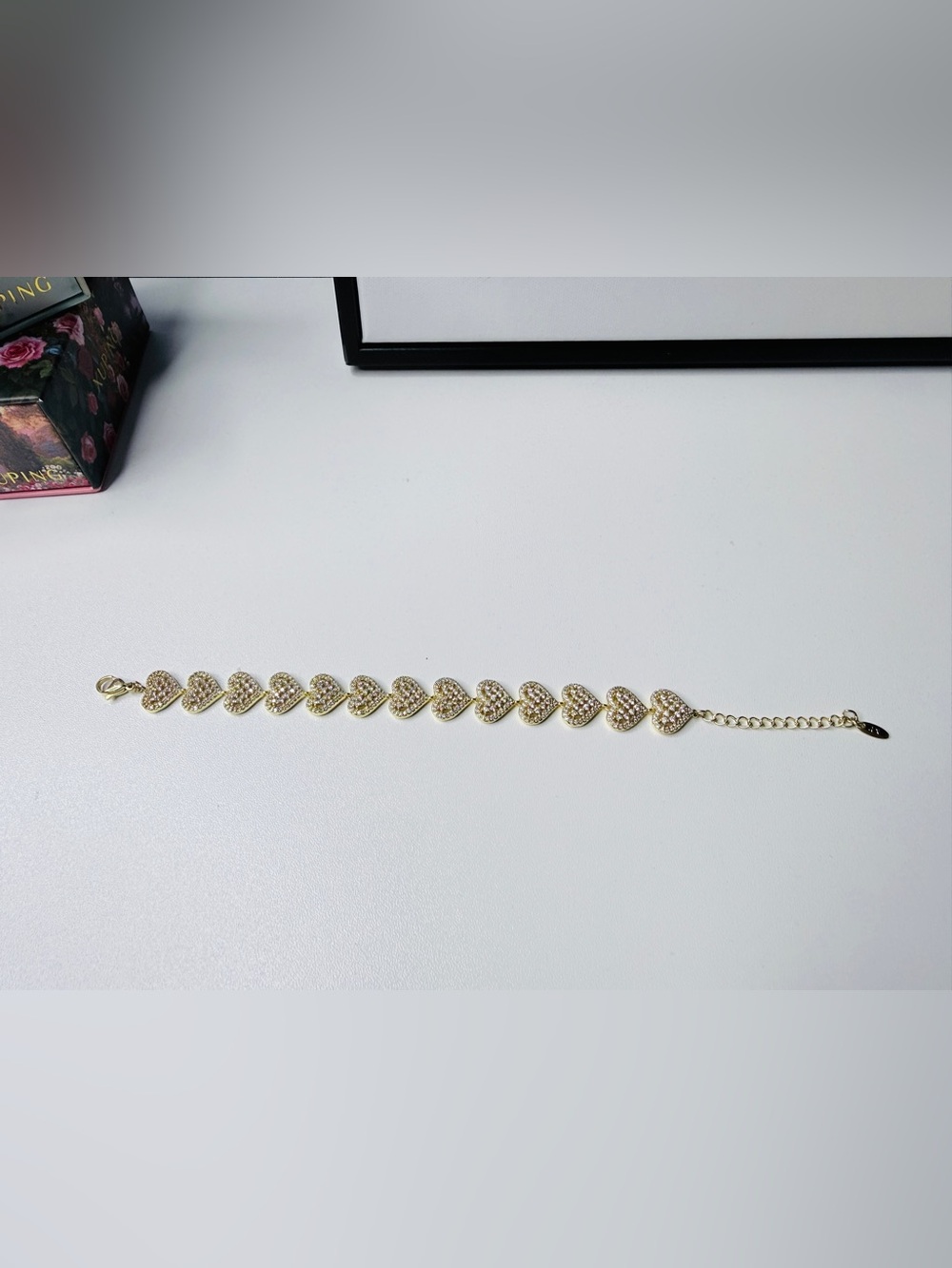 Gold Plated 14k Heart Link Bracelet with Crystal Accents